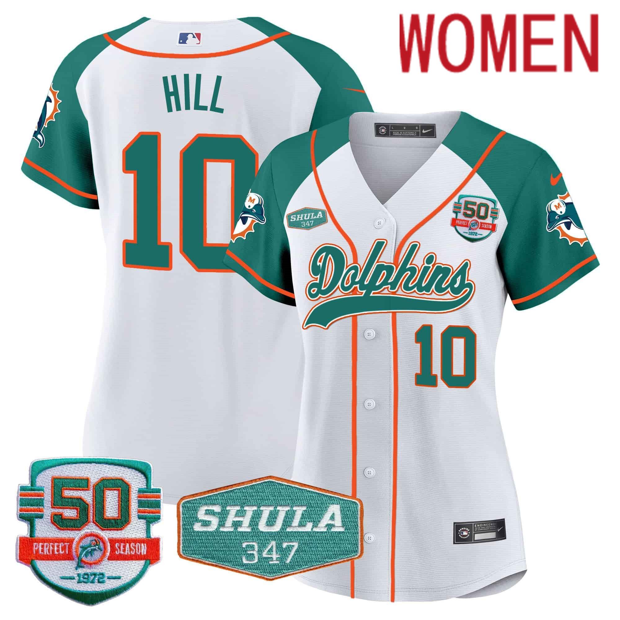 Women Miami Dolphins 10 Hill White 2024 Nike 50th Don Shula Memorial Patch Baseball NFL Jersey style 1